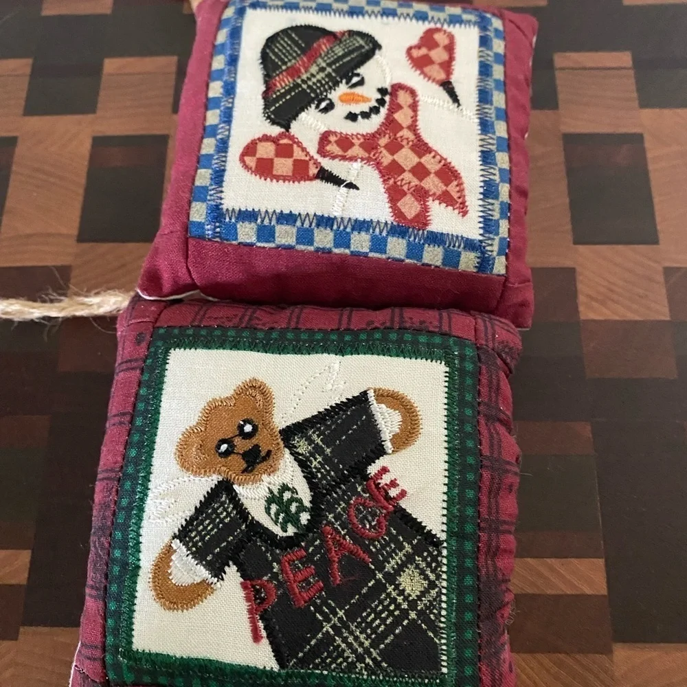 Set Of 2 Vintage Quilted Pillow Plaid Peace Bear and Snowman Ornaments 6”x 6”